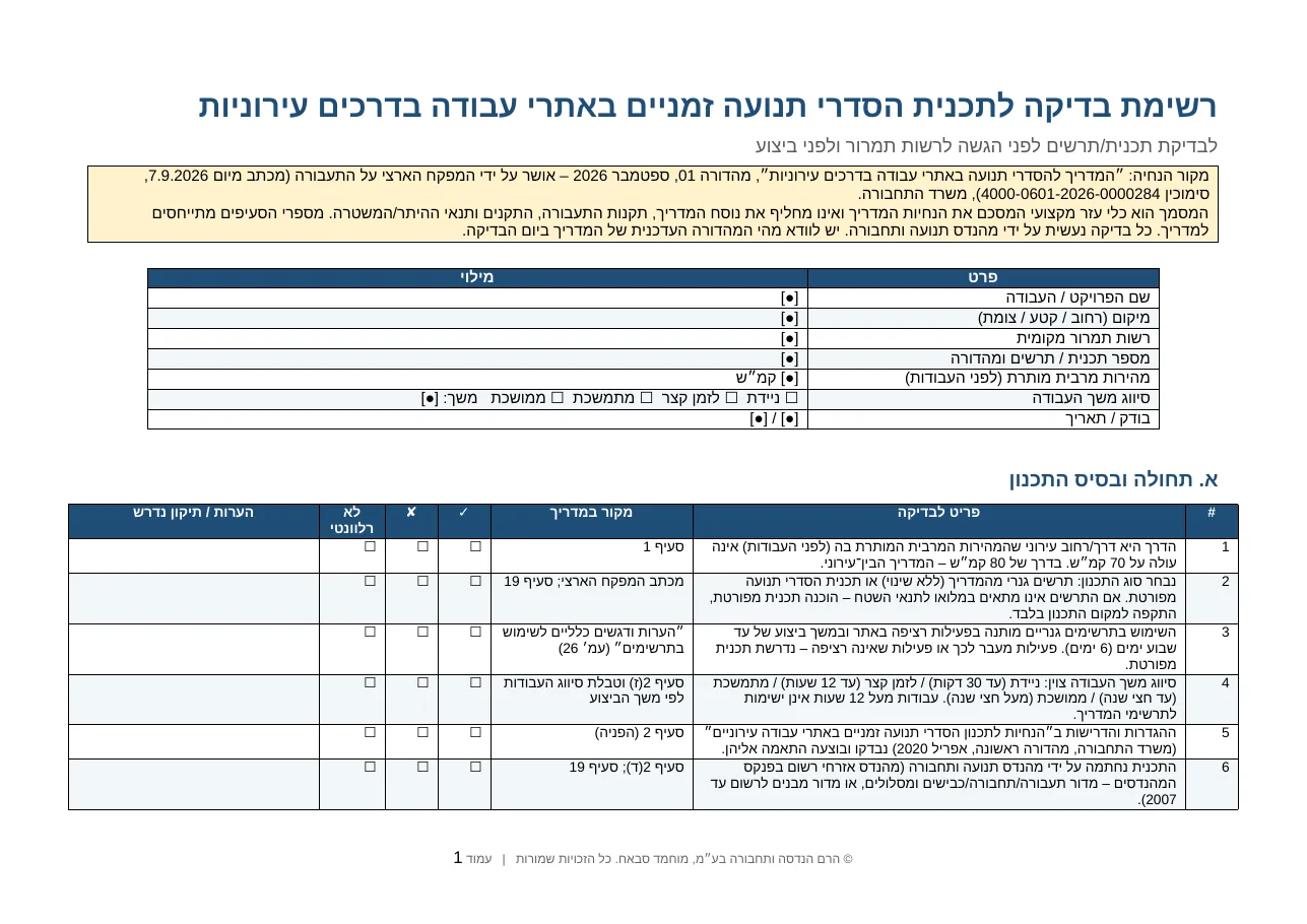 עמוד ראשון ברשימת הבדיקה להסדרי תנועה זמניים: פרטי הפרויקט וסעיפי בדיקה לפי מקור במדריך